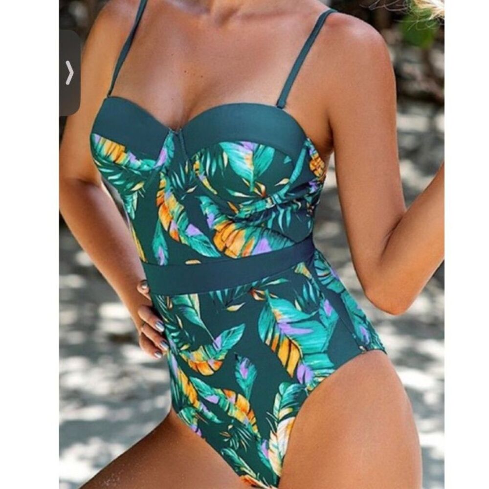 NWT Cupshe Womens Swimsuit Large One Piece Tropical Colorful Removable Straps